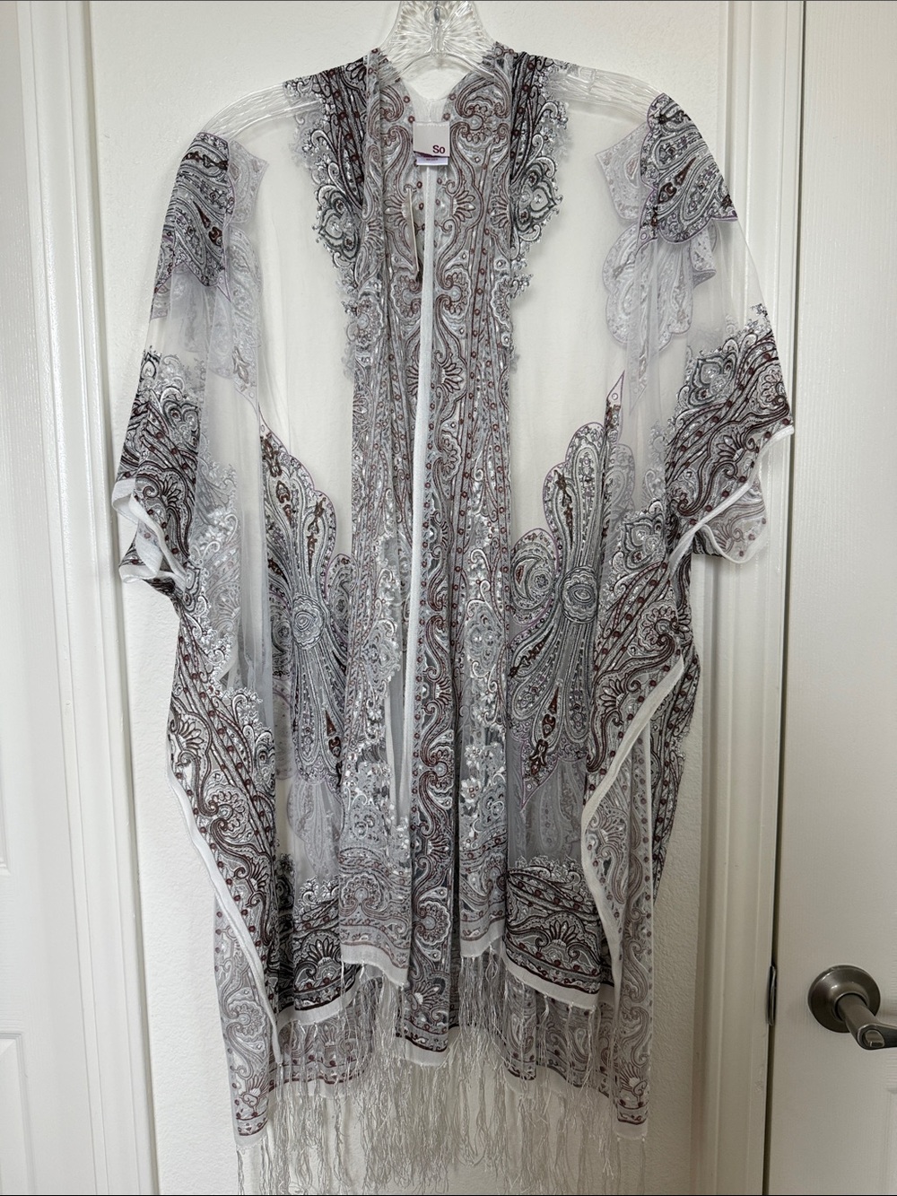 SO White and Brown Paisley Swim Coverup Kimono